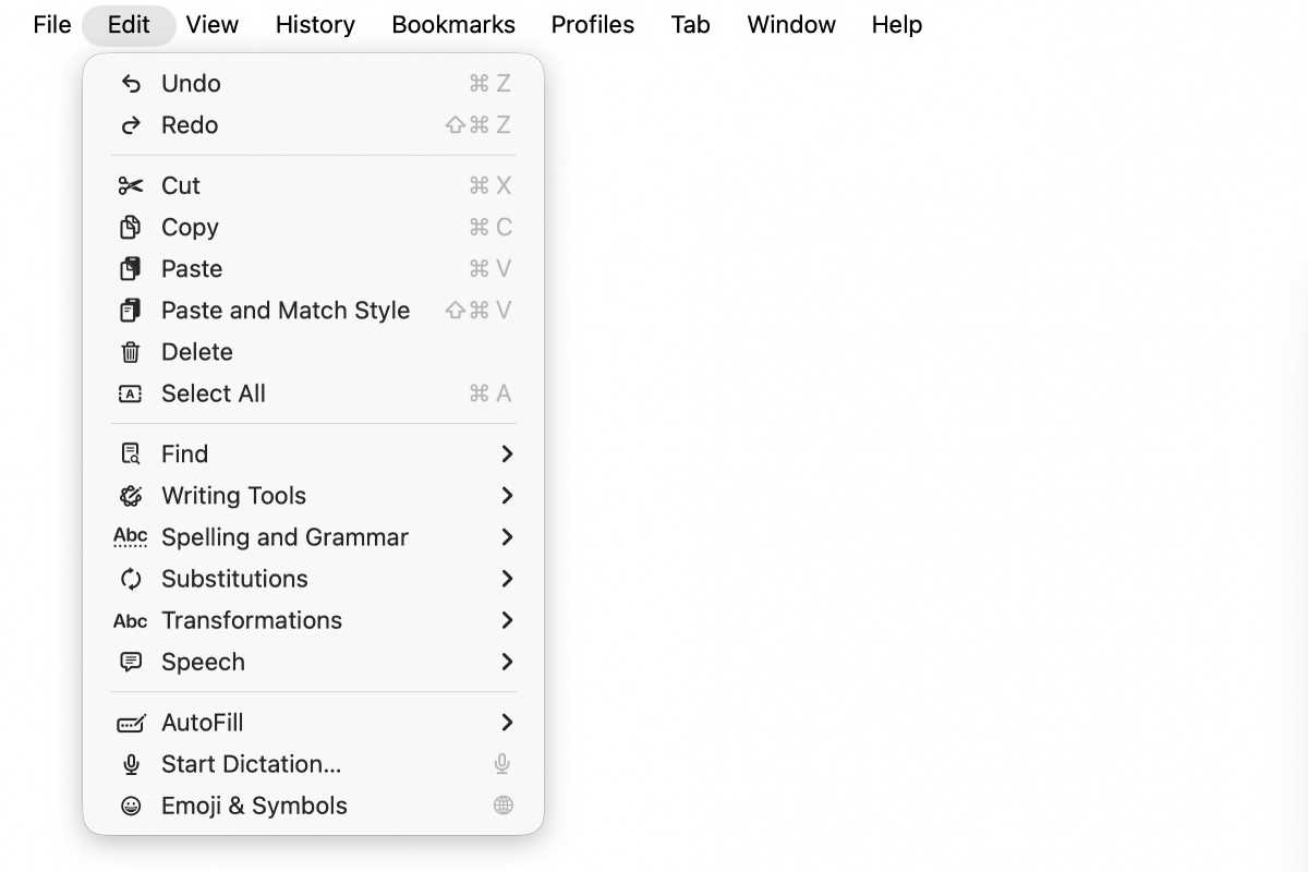 macos tahoe edit menu