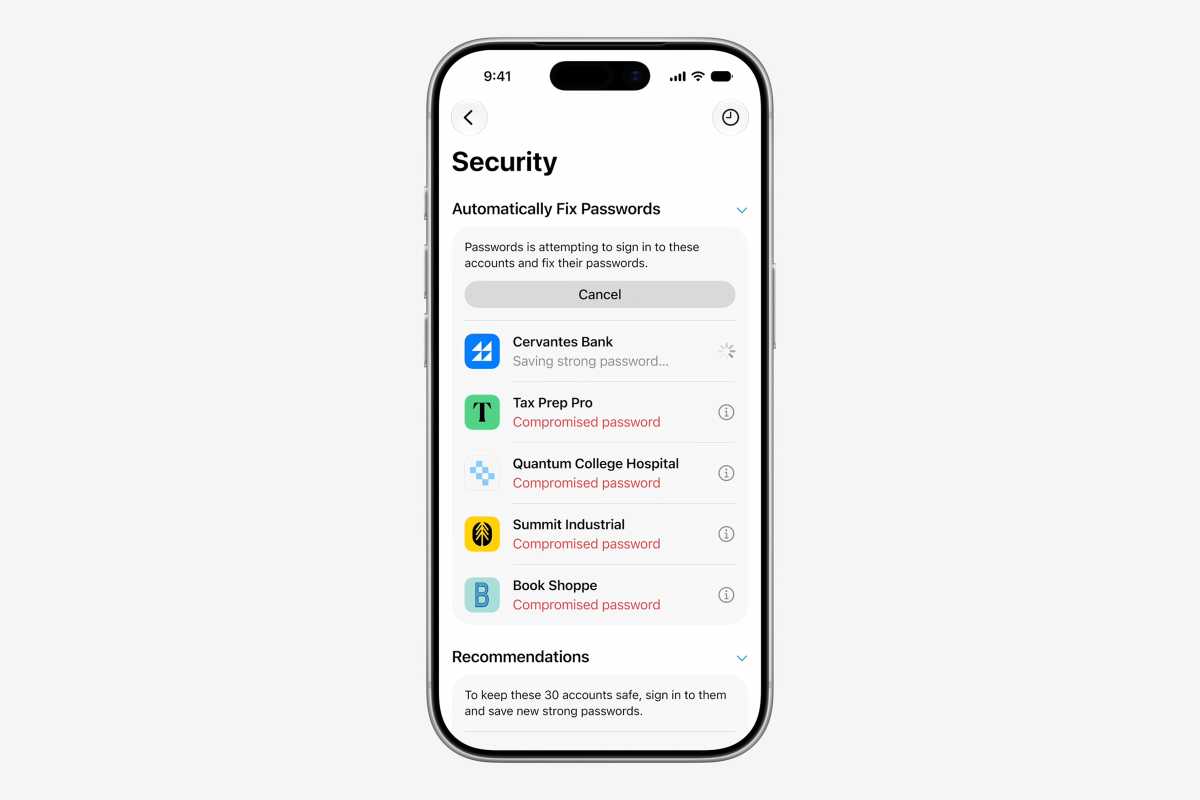 passwords app in iOS 27 showing how it fixes compromised passwords