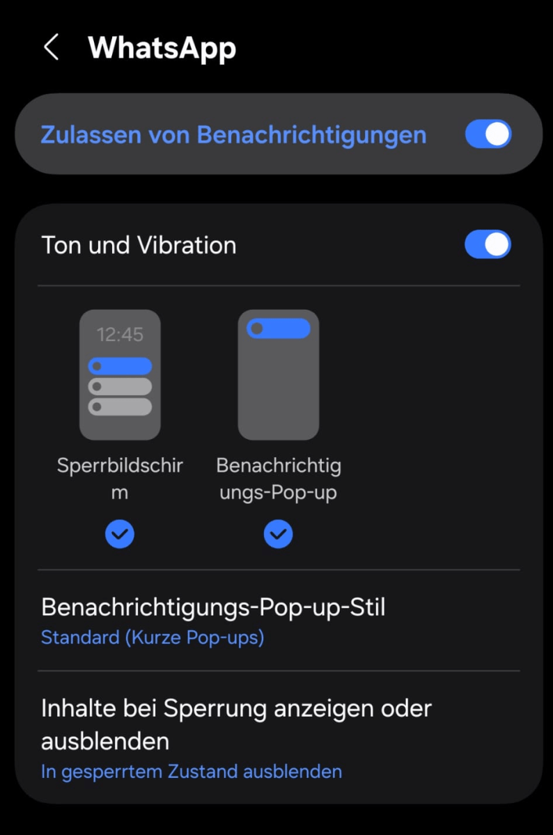 Einstellungen der Whatsapp-Benachrichtigungen auf einem Samsung Handy