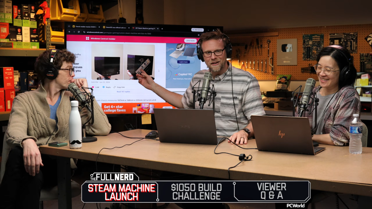 Full Nerd #405 episode recording featuring three hosts sitting around a table and speaking into microphones