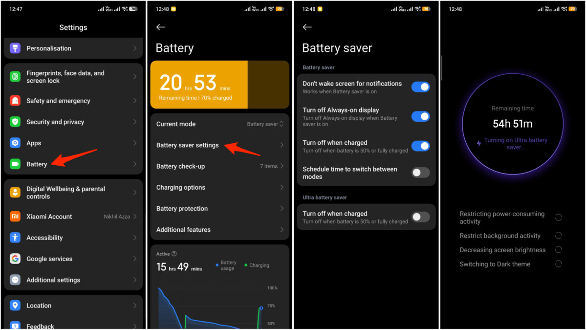 Screengrabs showing how to adjust your battery saver trigger percentage