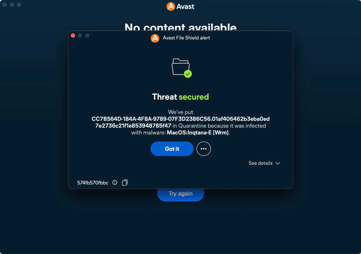 AvastOne Avast One isolating an Inqtana malware sample during routine use