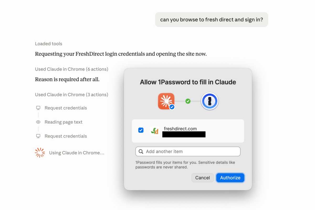 Claude 1Password authorization