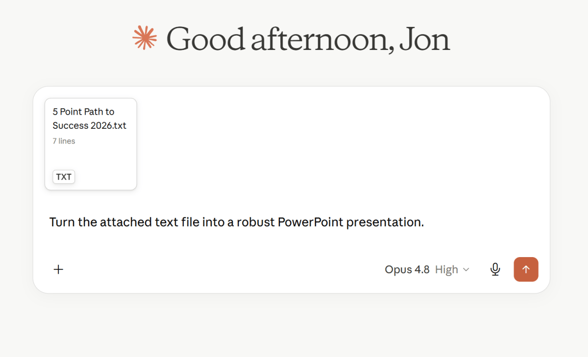 A screenshot of Claude's chatbot being prompted to create a PowerPoint file.
