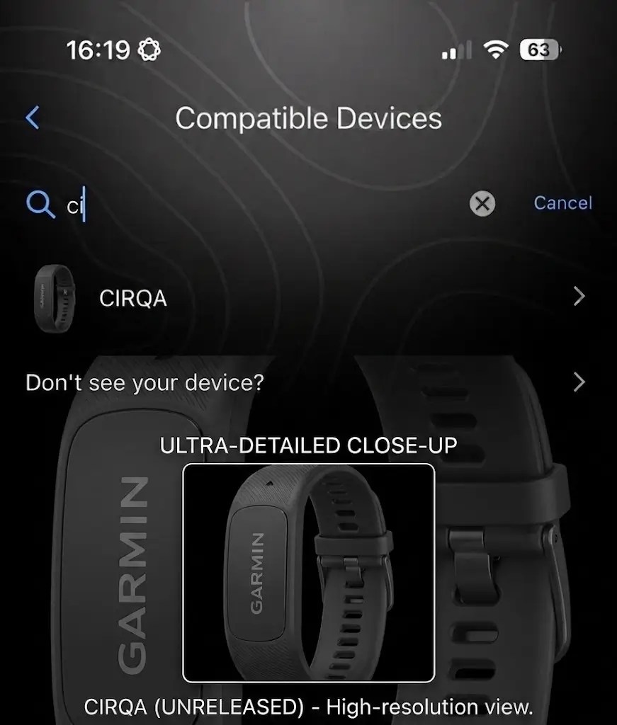 Garmin Cirqa shown in Garmin Connect IQ app