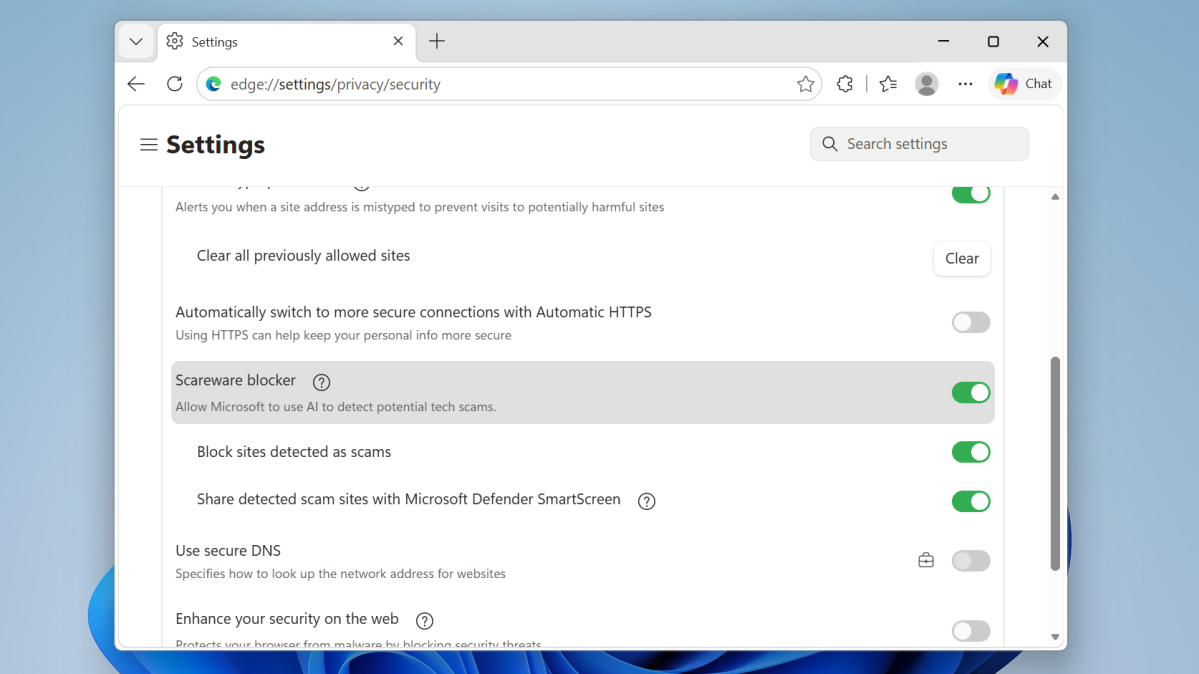 Microsoft Edge browser Scareware Blocker feature enabled screenshot