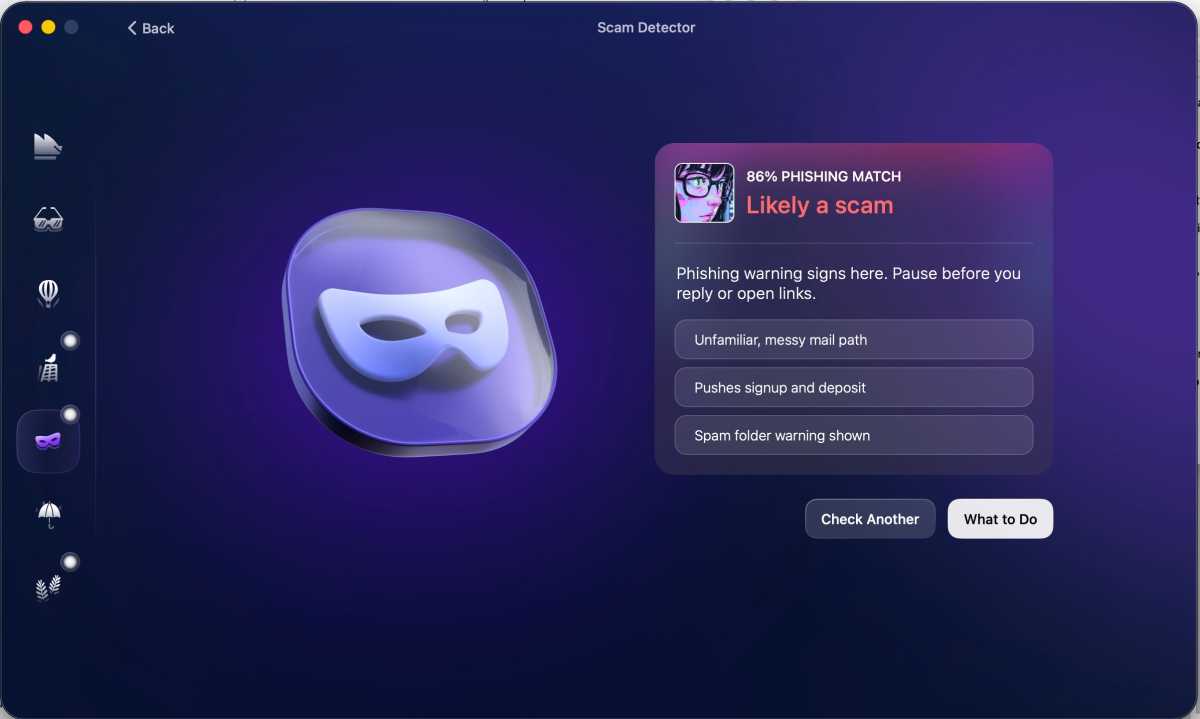 Moonlock4 The Scam Detector tool analyzes phishing text from an email