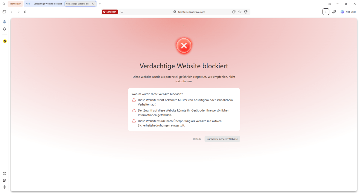 Phishing Fallen Verdaechtige Website blockiert Neo