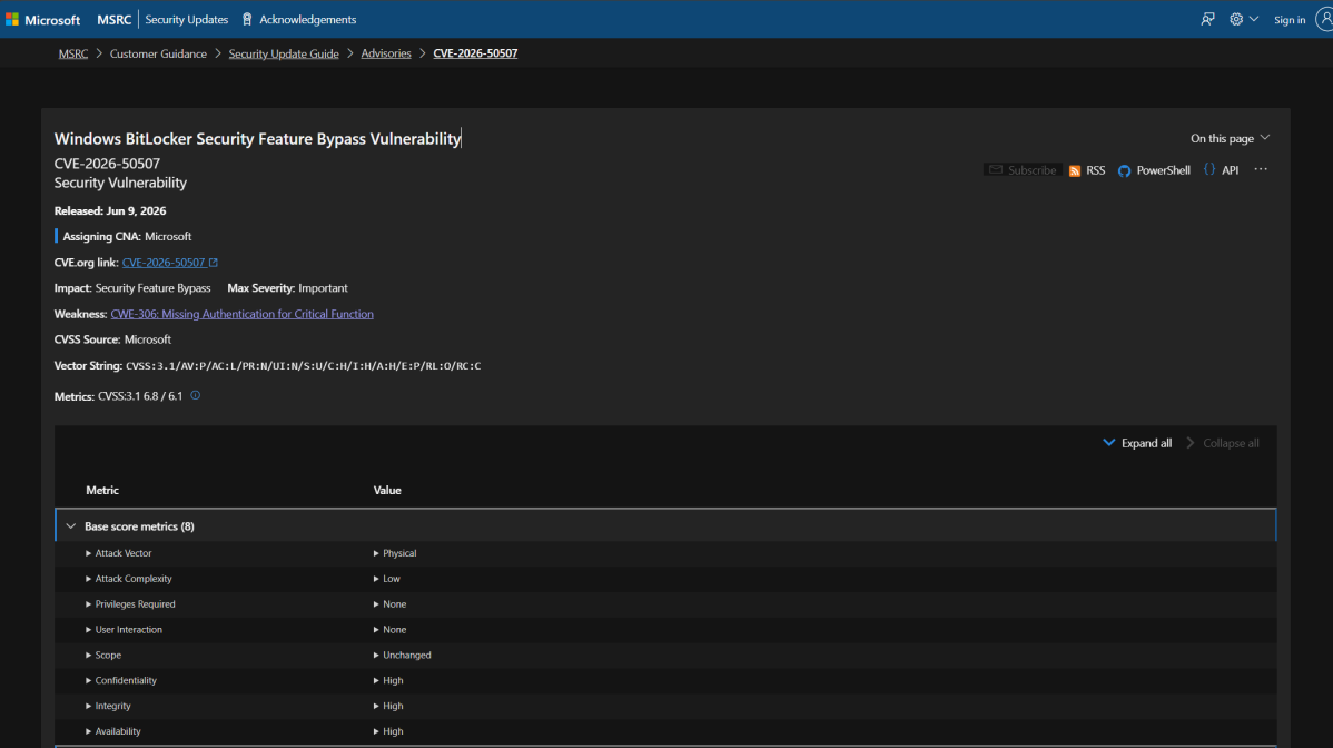 CVE page for Windows BitLocker Security Vulnerability (June 2026)
