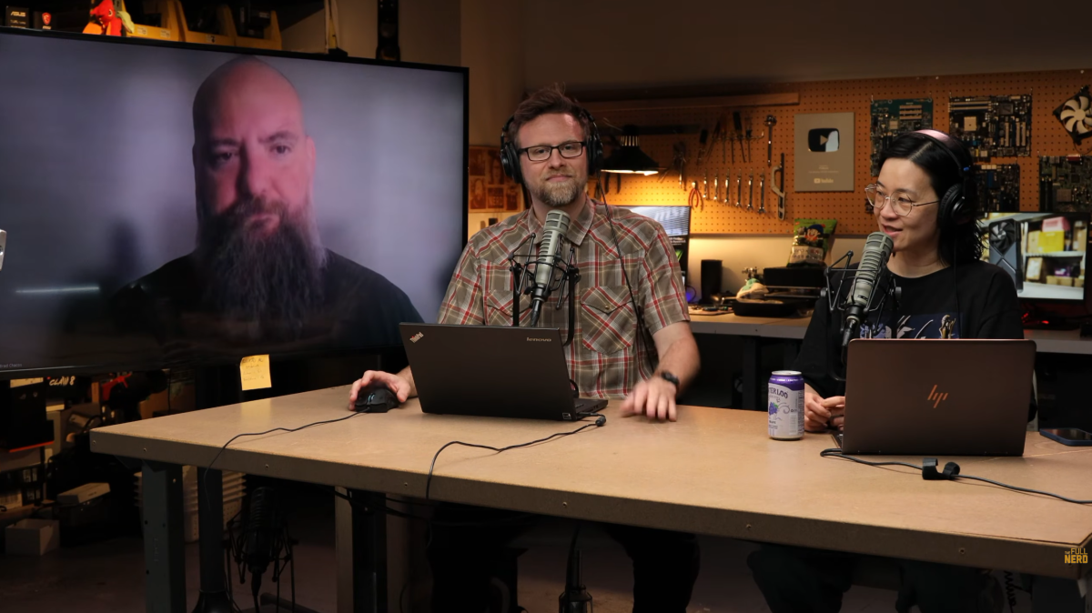 The Full Nerd #409 cast sat at table looking to camera
