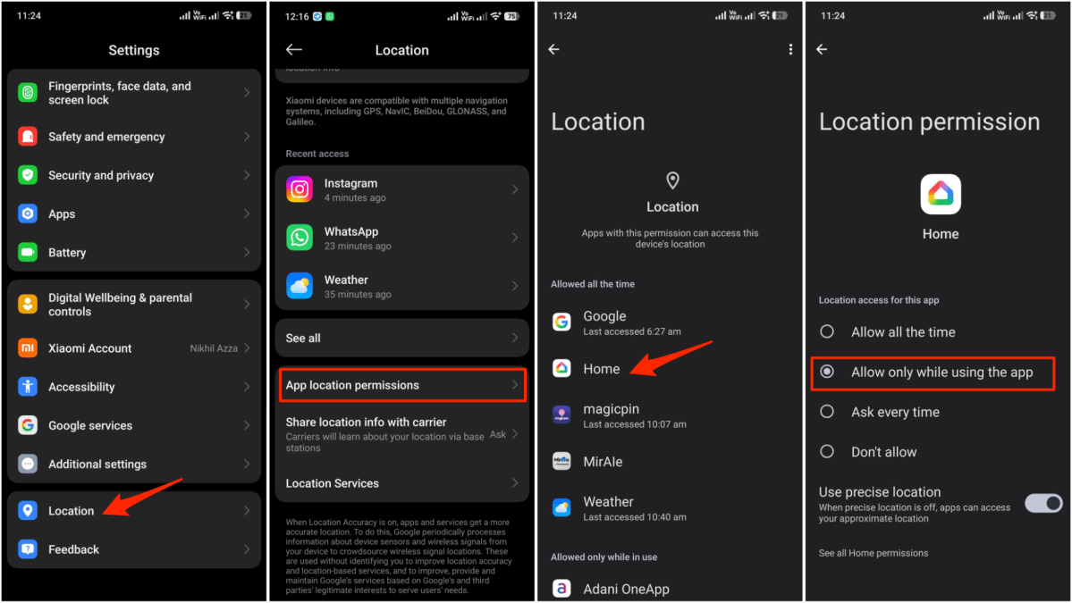 Screengrabs showing steps to restrict background apps