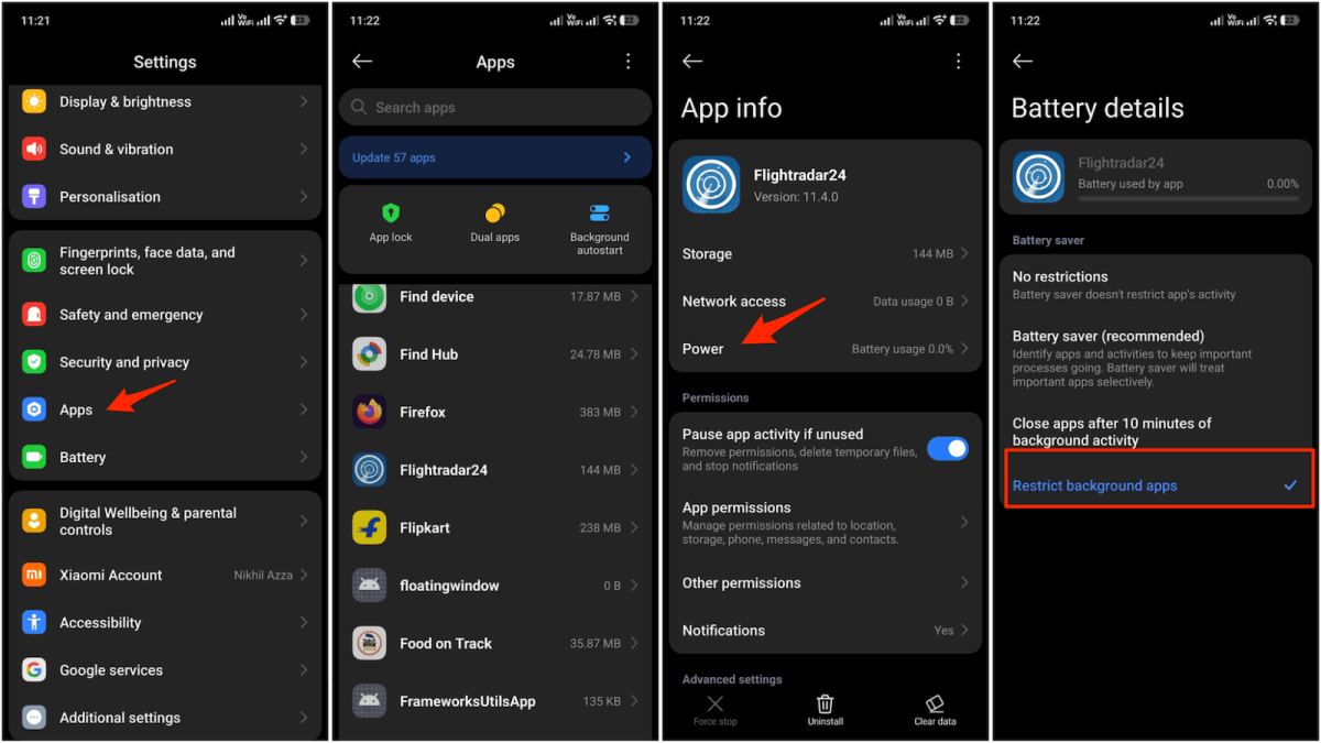 Screengrabs of steps to restrict background apps