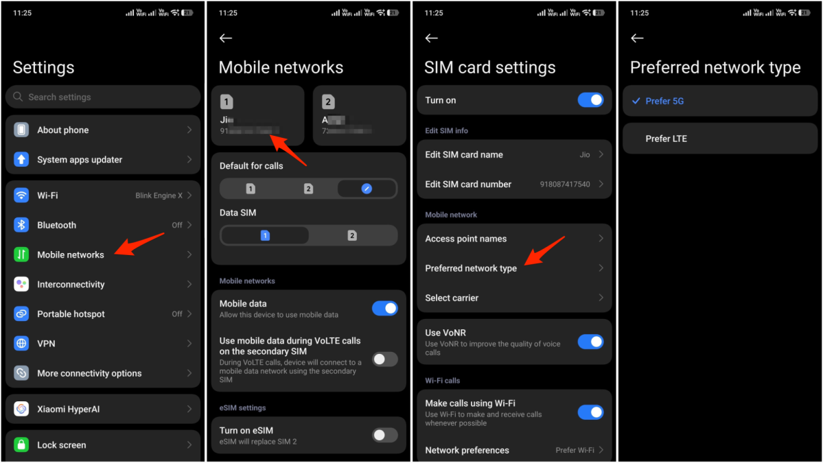 Screengrabs showing steps to switch to LTE