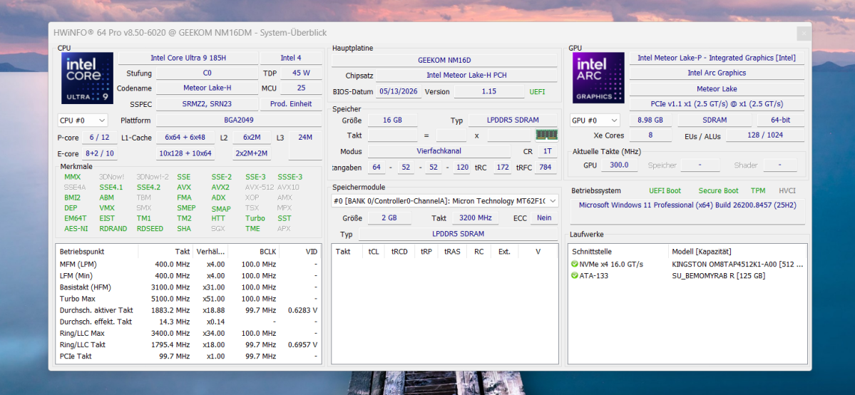 Test Geekom Geekbook M16 hwinfo