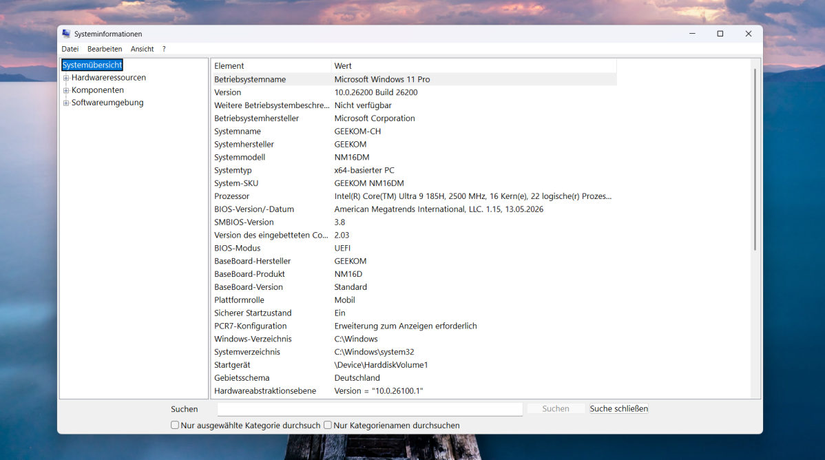 Test Geekom Geekbook M16 systeminformationen