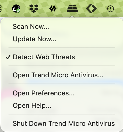 TrendMicroAntivirus4 Trend Micro Antivirus for Mac being run from the macOS Menu Bar