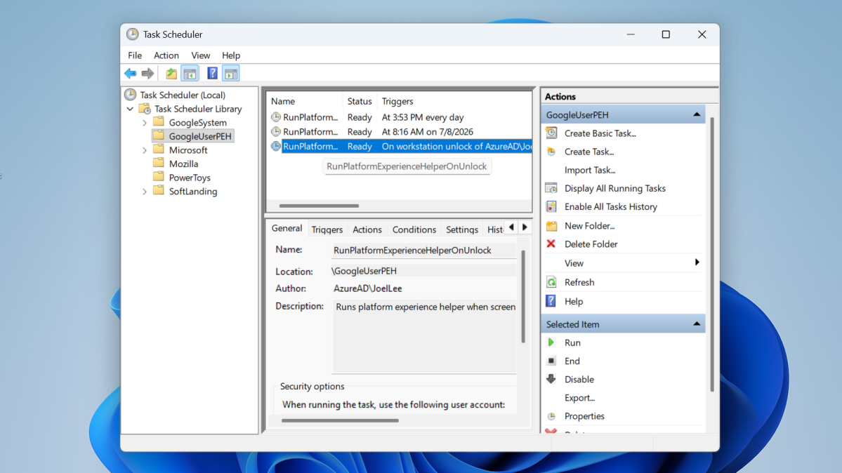 Windows 11 Task Scheduler disabling RunPlatformExperienceHelperOnUnlock screenshot