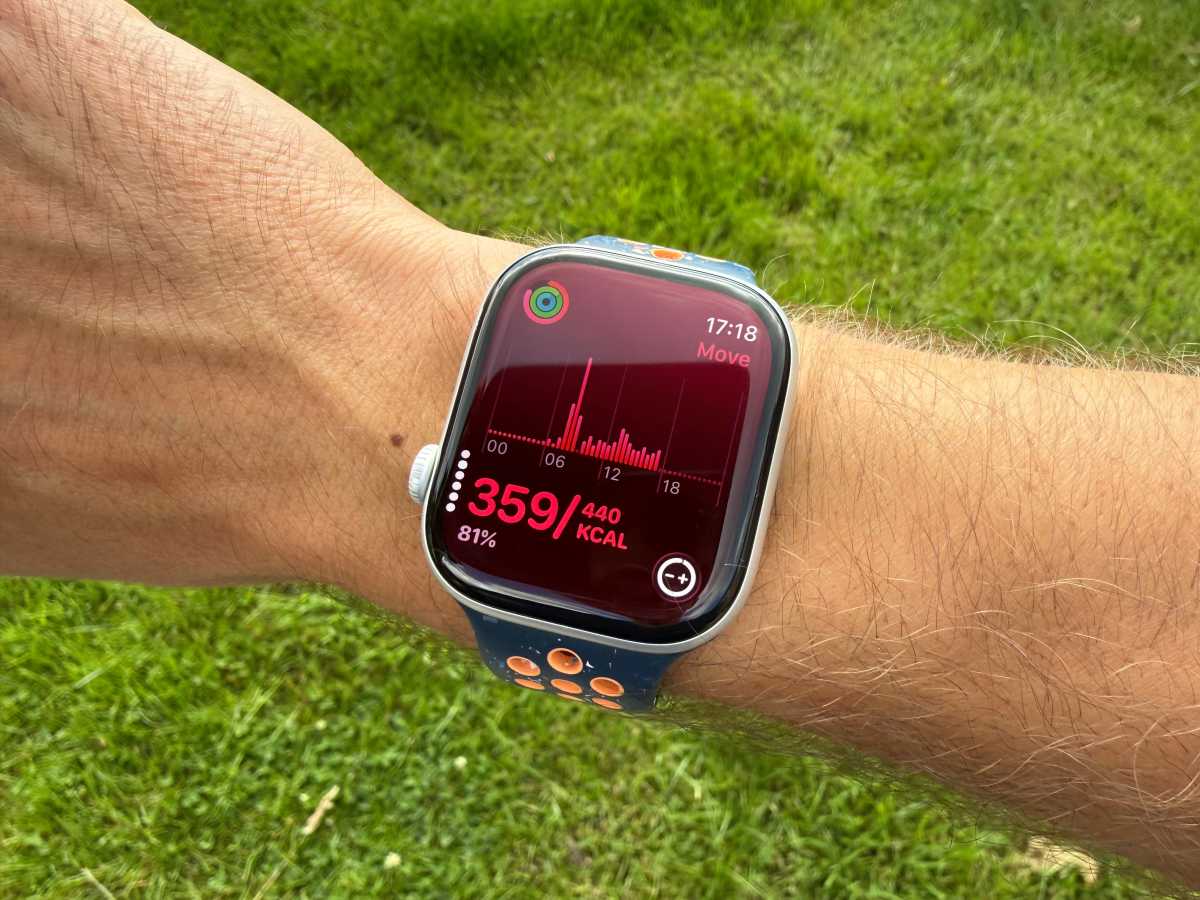 Workout app's Move chart shown on an apple watch worn on a wrost