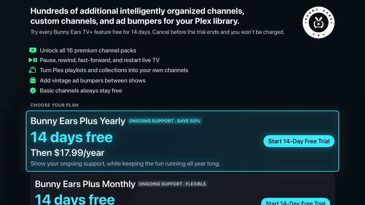 Bunny Ears TV subscription page