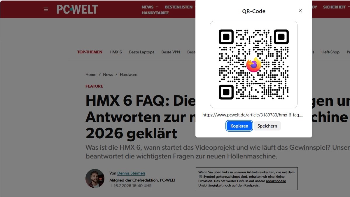 Firefox 153 erstellt QR-Codes