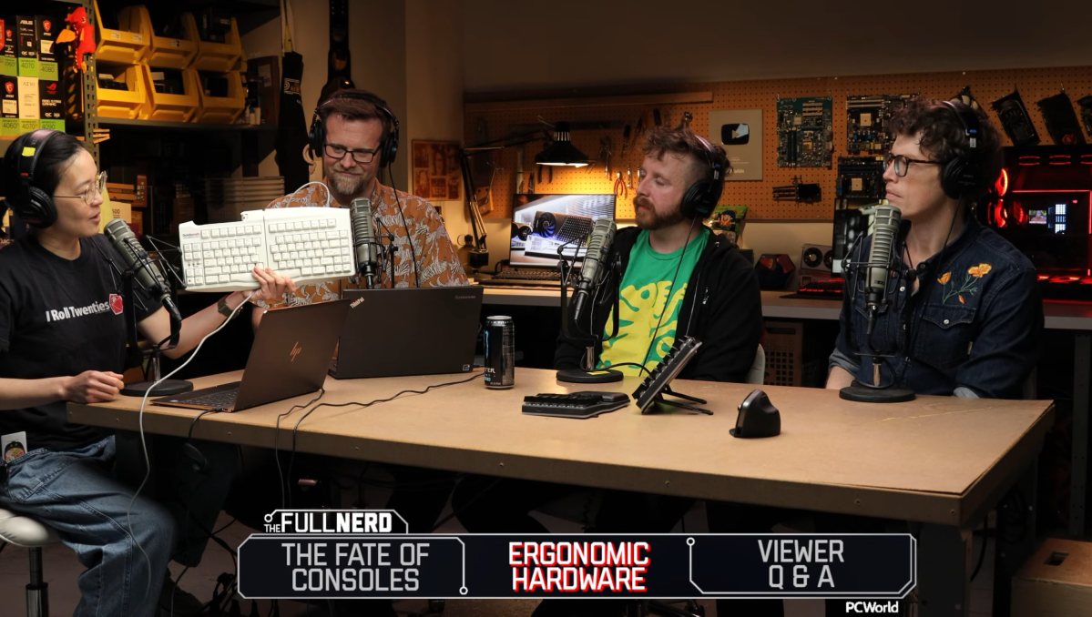 The Full Nerd #406 featuring hosts Alaina Yee, Adam Patrick Murray, Alex Wawro and guest Hayden Dingman holding and discussing ergonomic keyboards while recording the episode.