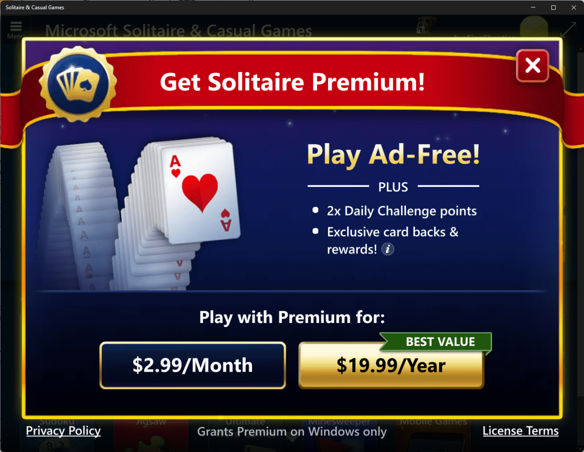 Microsoft Solitaire subscription screen