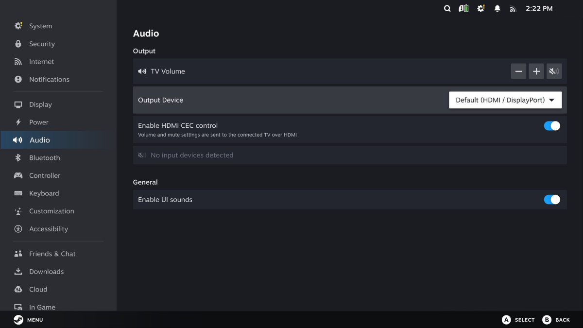 Screenshot of Steam Machine sound settings menu