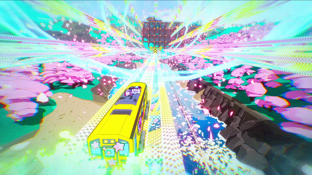 Denshattack screenshot: yellow train in cherry blossoms 