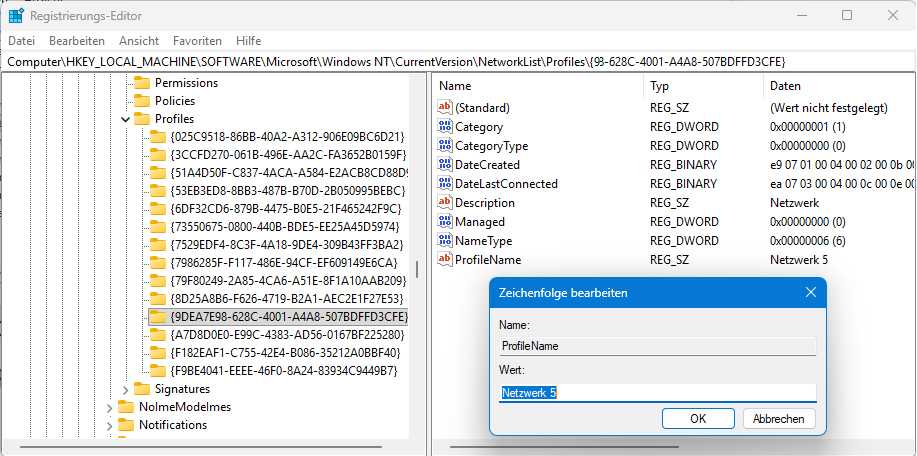 Registry Netzwerkprofile