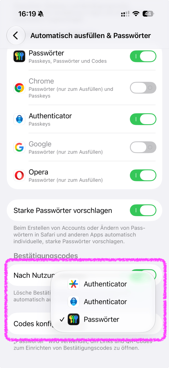 Die einmaligen Codes lassen sich unter iOS 26 in einer anderen App als Passwörter generieren. 