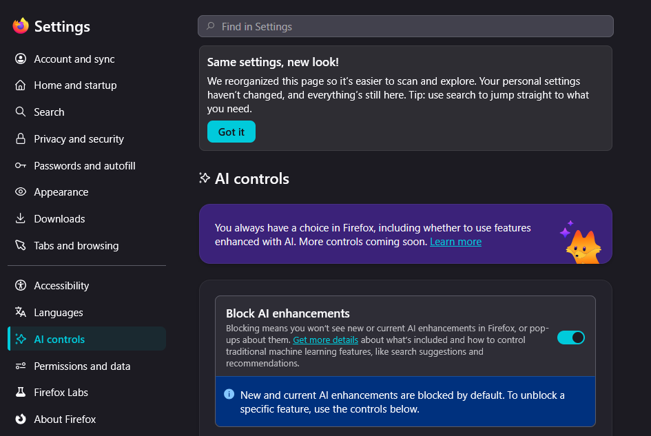 Firefox AI controls (block AI enhancements)