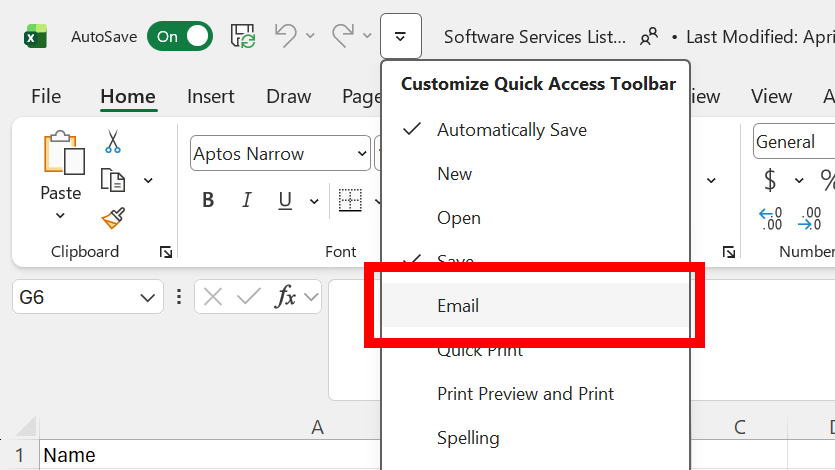 Microsoft Excel Quick Access Toolbar option to enable Email shortcut