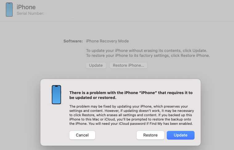 Problem with iPhone requires updated or restored
