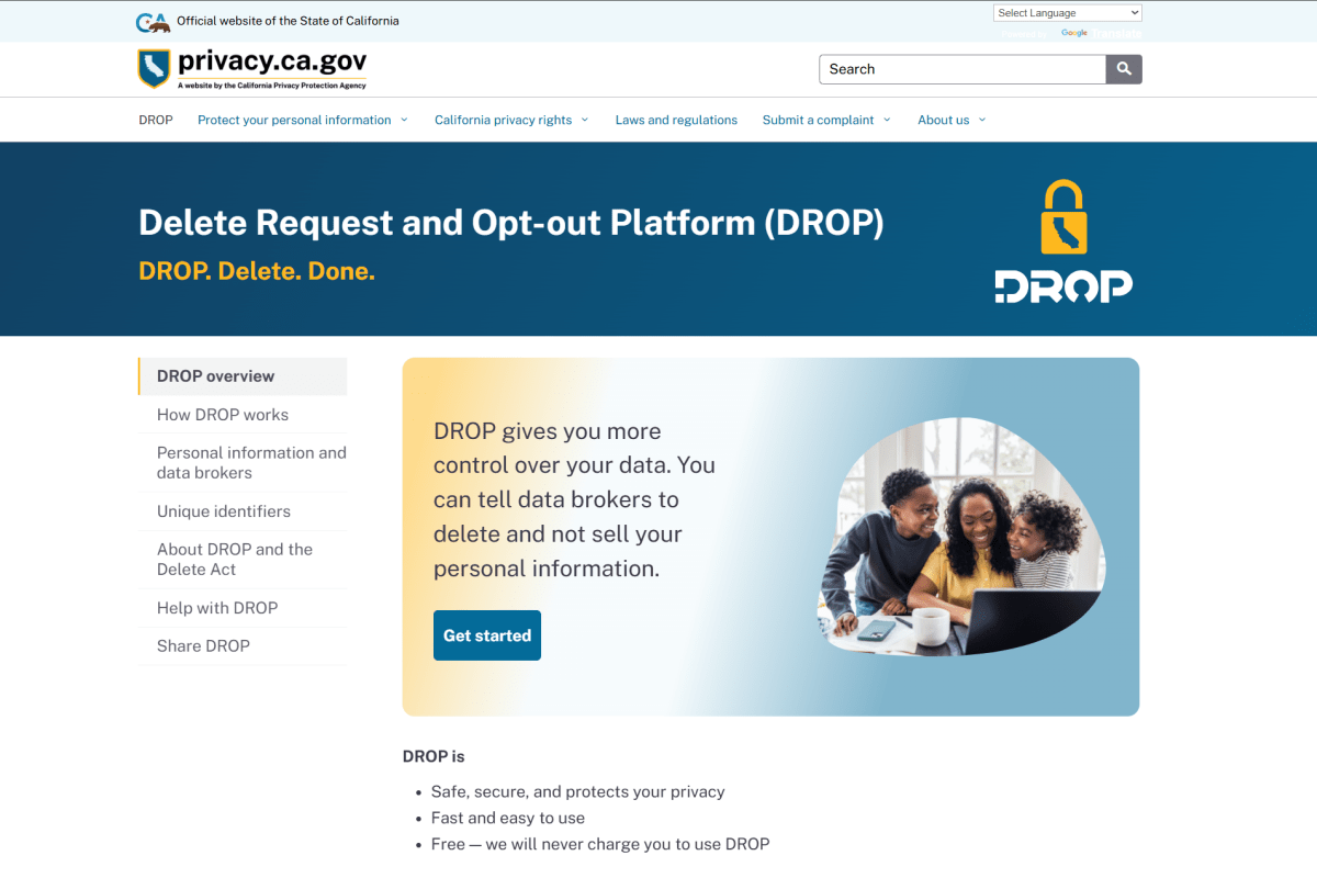 California's DROP site for DELETE Act requests