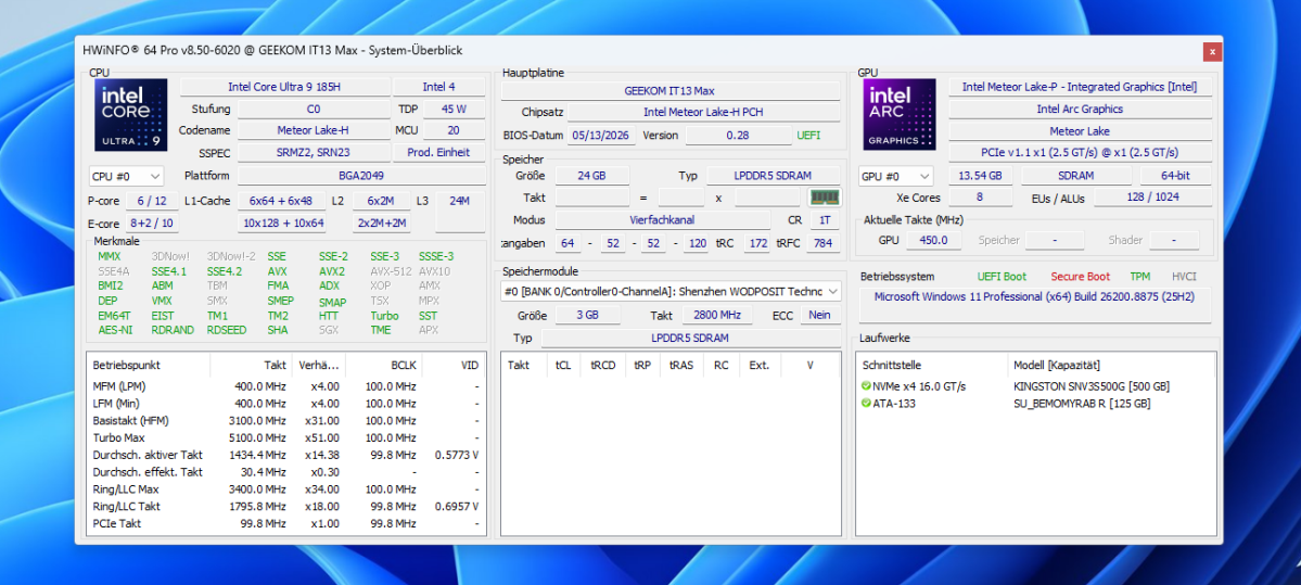 Test Geekom IT13 Max hwinfo