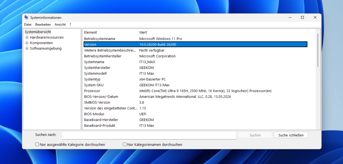 Test Geekom IT13 Max systeminformation