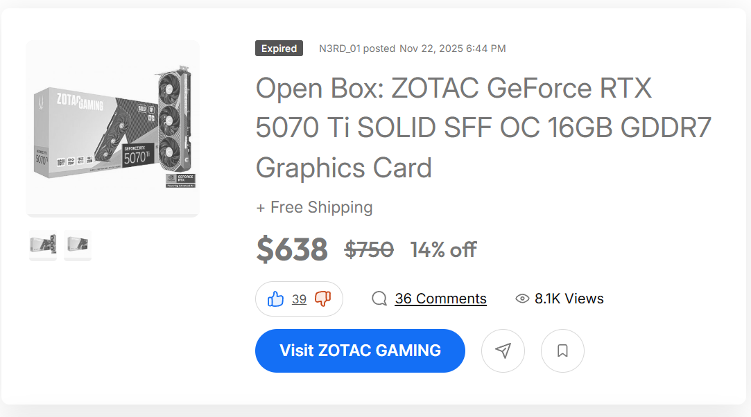 Slickdeals ZOTAC GeForce RTX 5070 Ti deal post