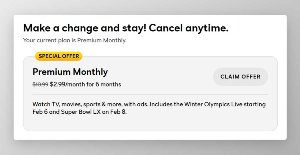 Peacock comeback offer of $2.99 per month for six months