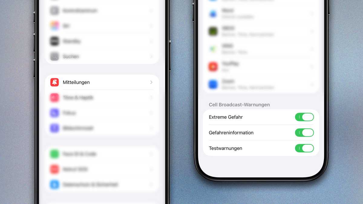 Screenshots der Einstellungen von iOS 27, hervorgehoben sind die Mitteilungen zu Cell Broadcast.