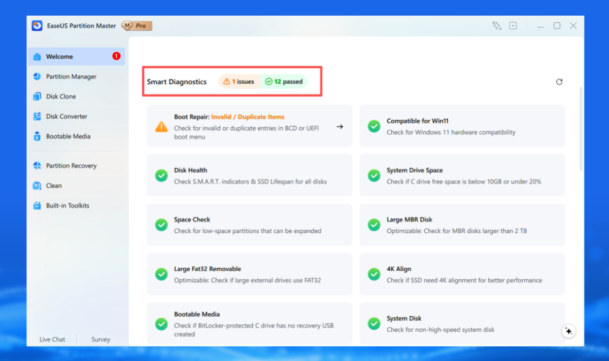 Explore advanced features like smart diagnostics in EaseUS Partition Master