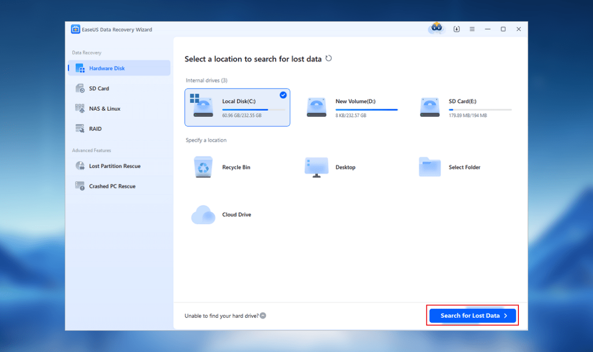 Select a drive to scan for a lost Word document