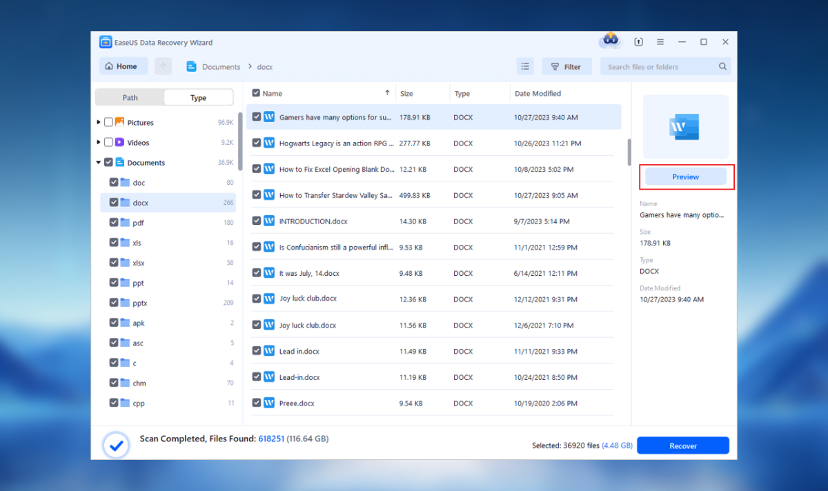 Scan results showing recoverable .docx and .asd Word files