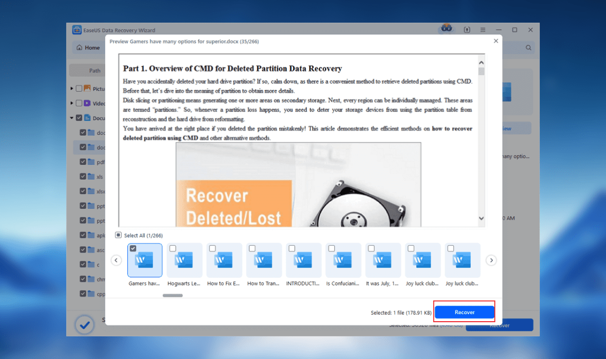 Preview and recover a deleted Word document file using recovery software