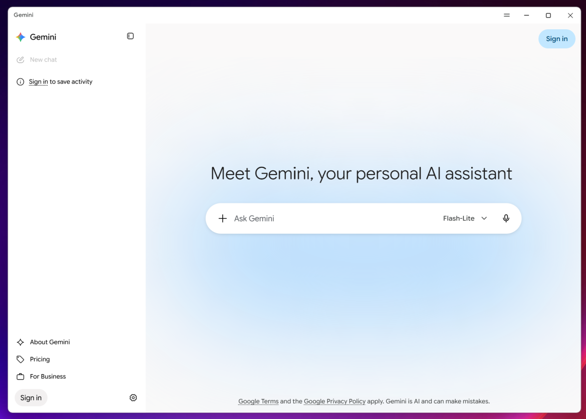 Google Gemini app signed out