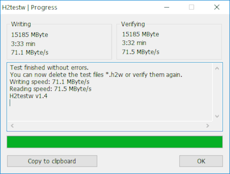 H2testw Write and Read Verification Screenshot