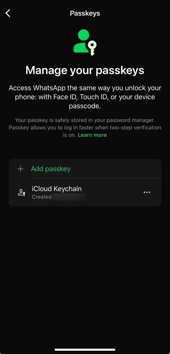 WhatsApp Passkey settings