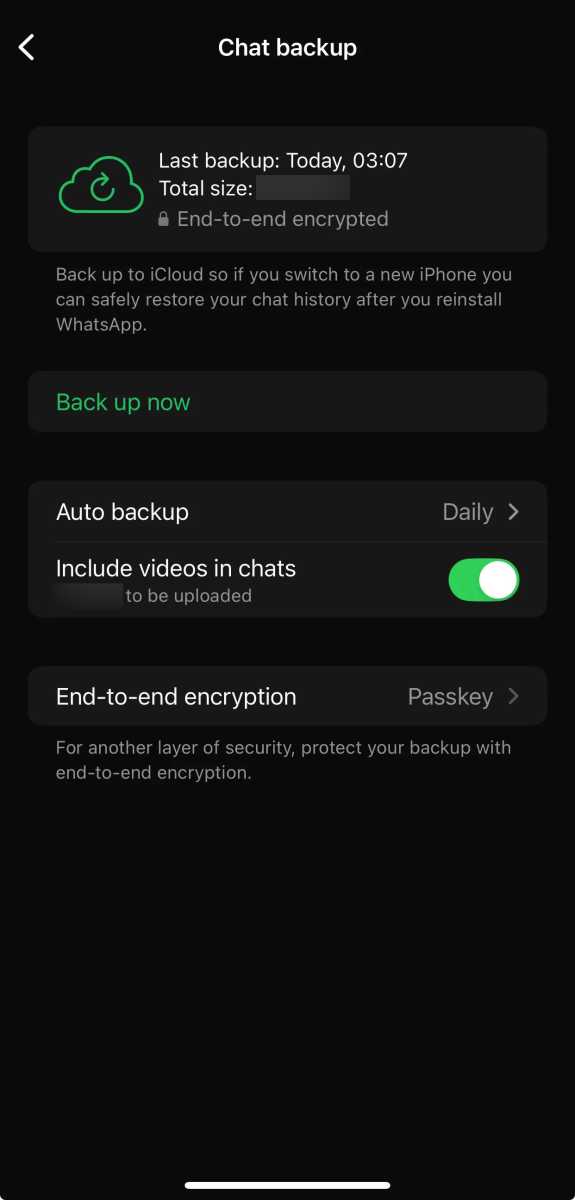WhatsApp chat backup settings screen