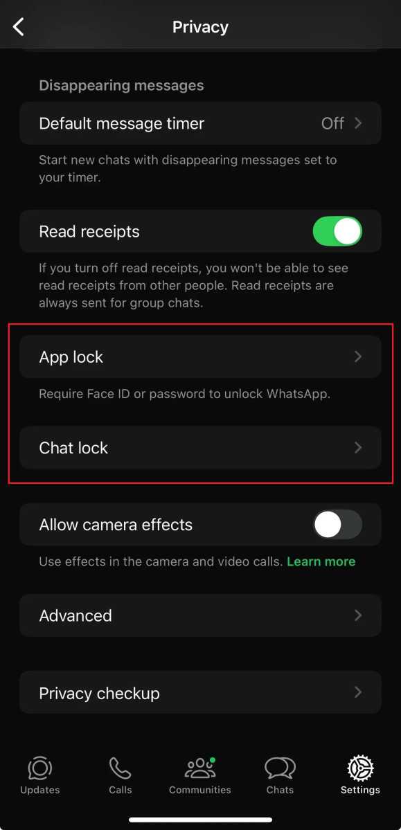 WhatsApp Privacy settings menu