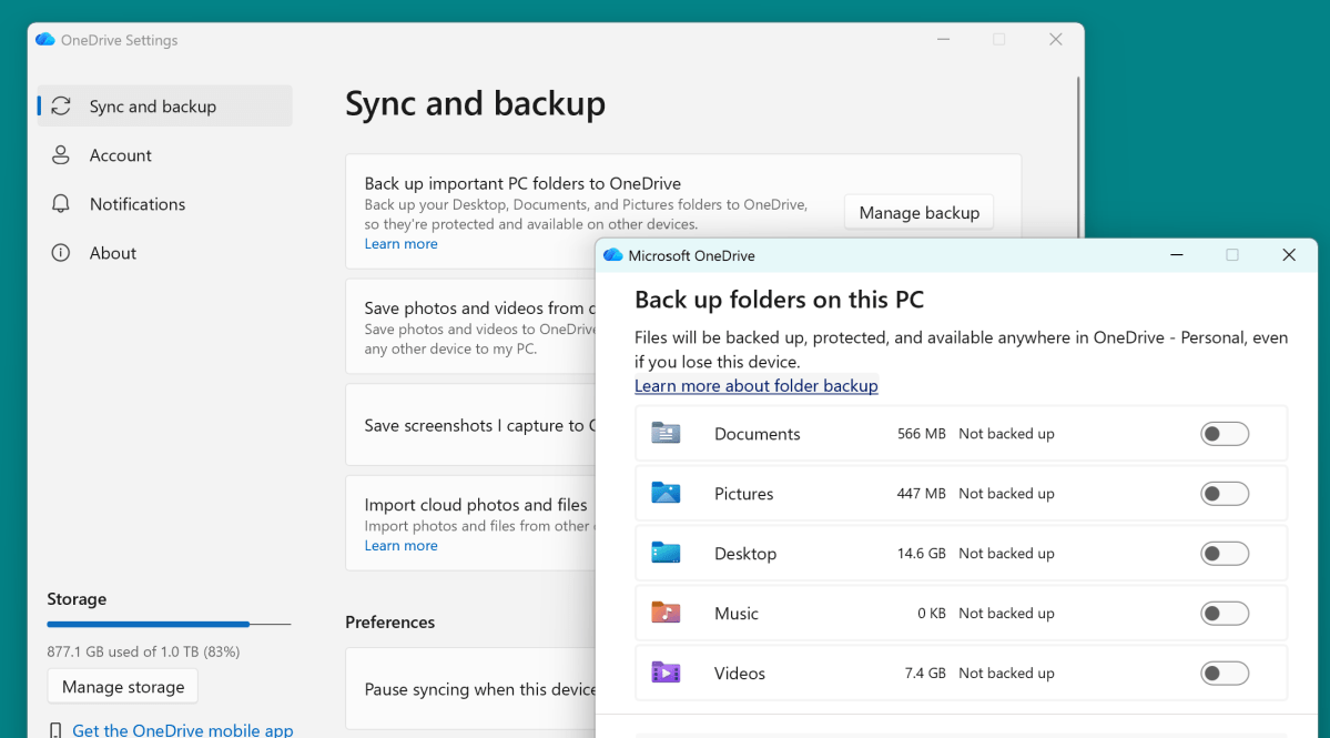 OneDrive backup folders toggled off