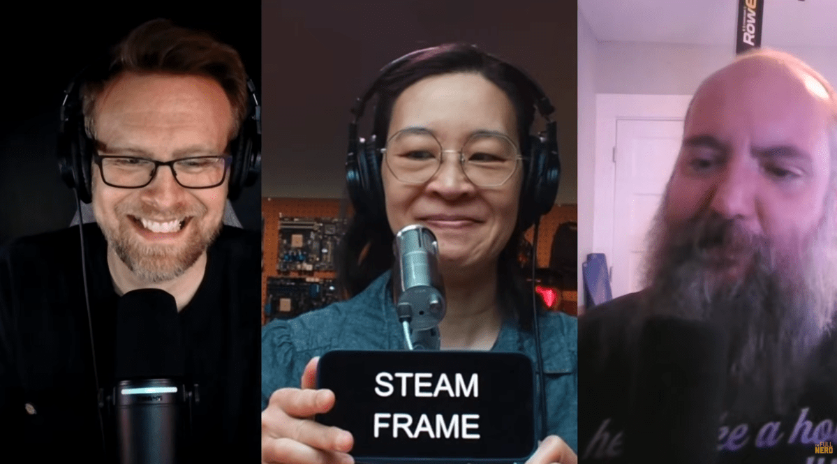 The Full Nerd episode 416 being hosted virtually with the three hosts appearing in three separate webcam feeds laid out from left to right: Adam Patrick Murray, Alaina Yee and Brad Chacos.